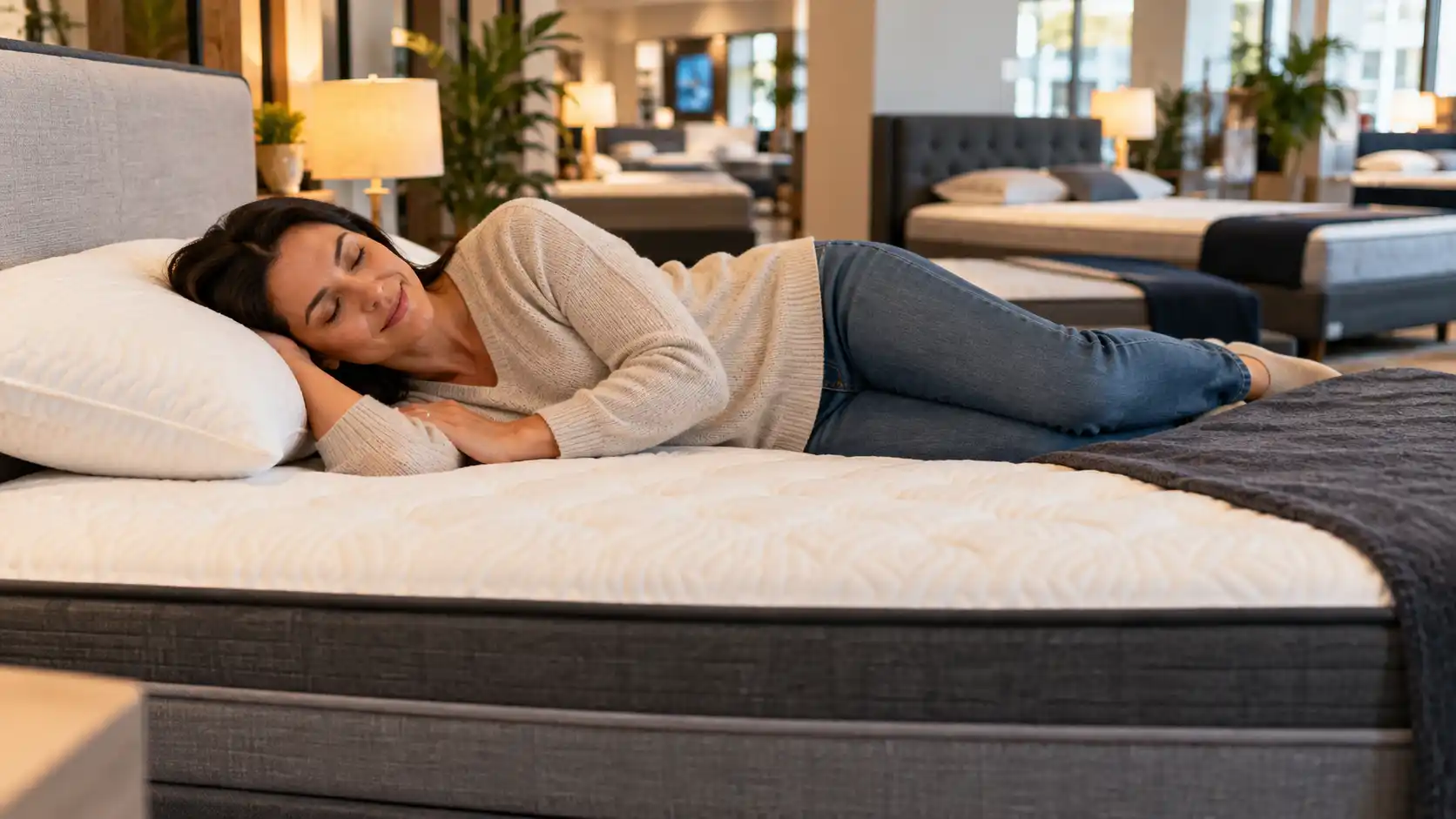 Shopper testing a mattress in their normal sleeping position