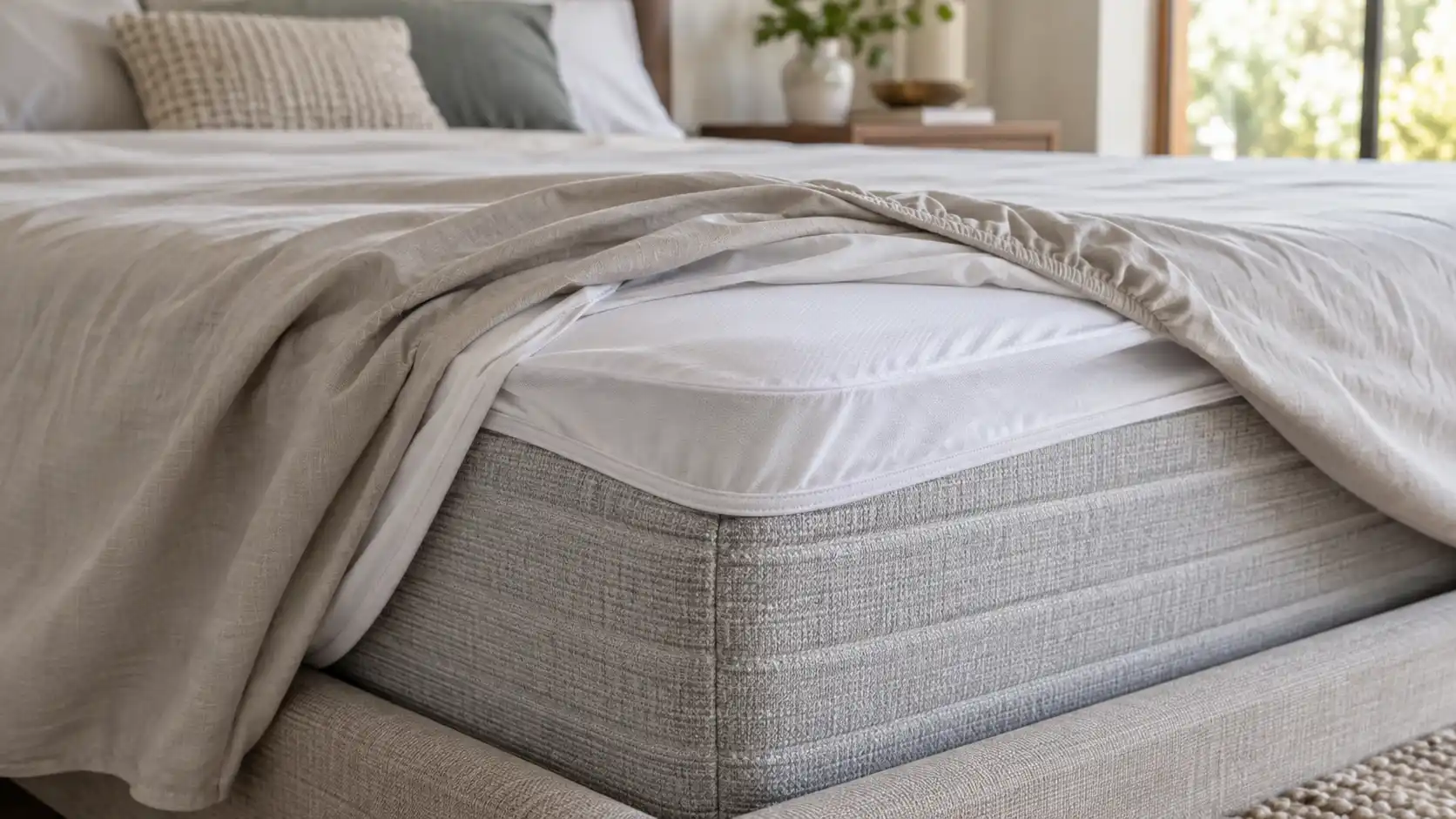 Thin fitted mattress protector underneath a bed sheet