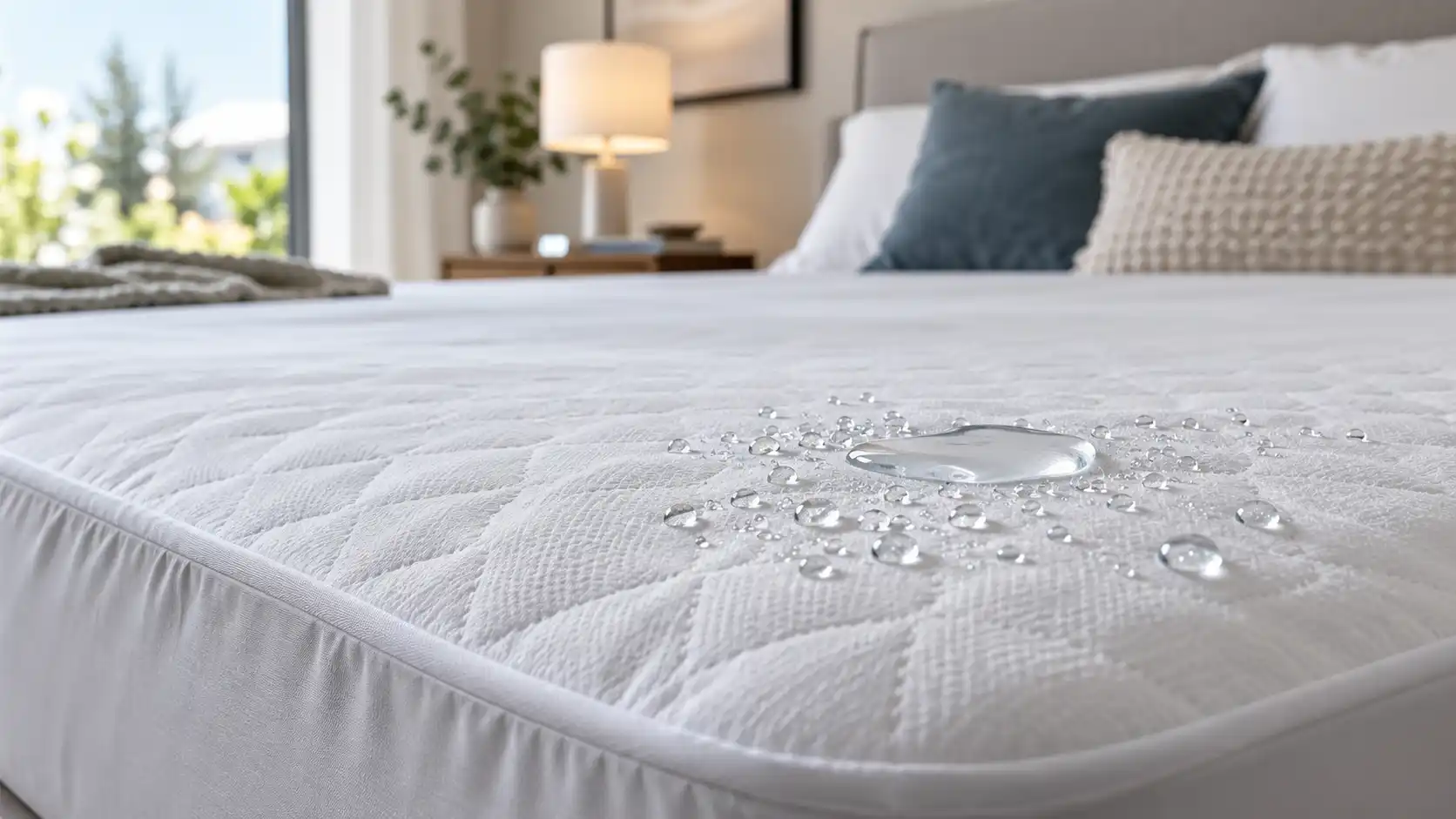 Water beading on a waterproof mattress protector