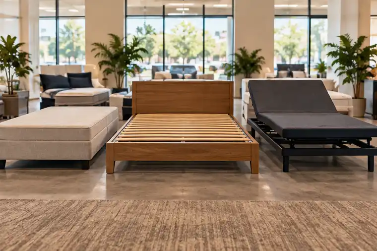 Different mattress support options including a rigid foundation, wooden platform bed and adjustable base.