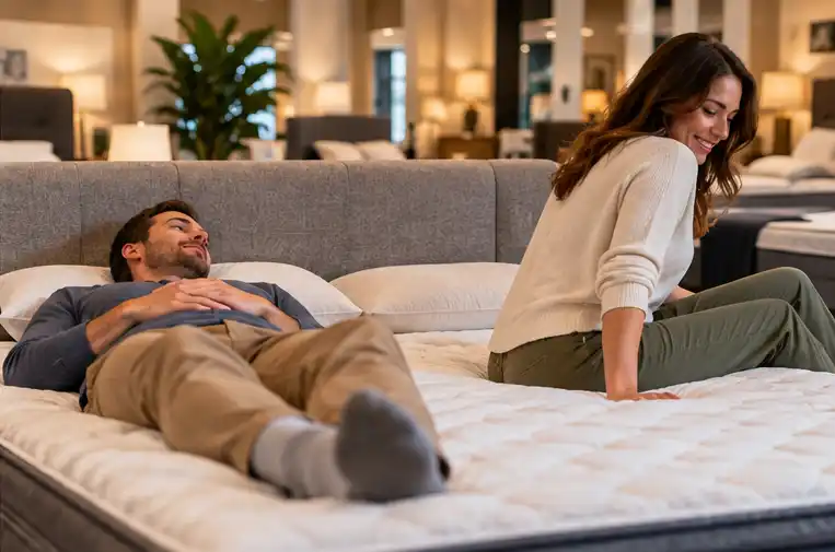 Couple trying a mattress together in a showroom to compare comfort and support.